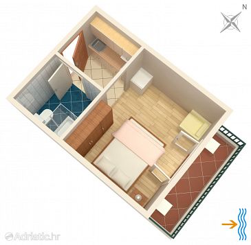 Plan Uvala Pokrivenik, Plan u smještaju tipa studio-apartment, dopusteni kucni ljubimci.