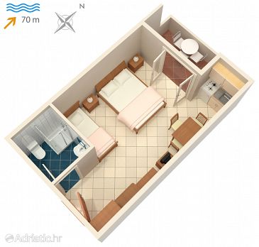 Plan Vinjerac, Plan u smještaju tipa studio-apartment, dopusteni kucni ljubimci i WIFI.