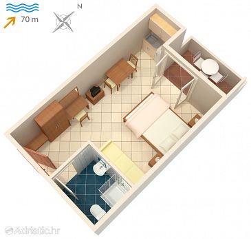 Plan Vinjerac, Plan u smještaju tipa studio-apartment, dopusteni kucni ljubimci i WIFI.