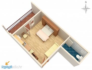 Plan Makarska, Plan u smještaju tipa studio-apartment, dopusteni kucni ljubimci i WIFI.